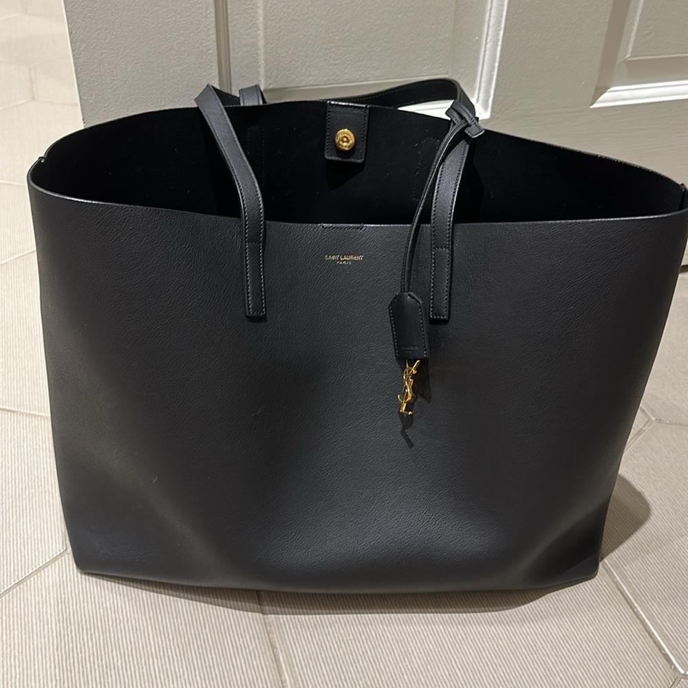 Authentic YSL east west shopping bag tote in smooth black leather